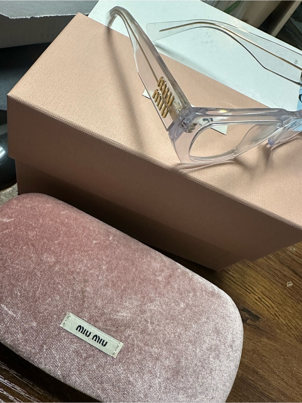 Miu Miu Clear Frame Sunglasses with Pink Velvet Case